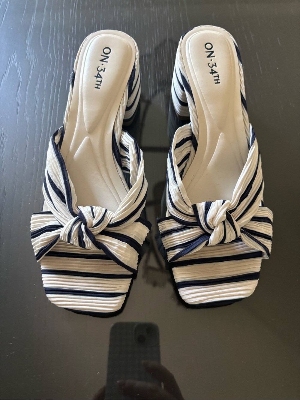 ON·34TH Navy and White Striped Knot Mule Sandals/ worn for a couple hours